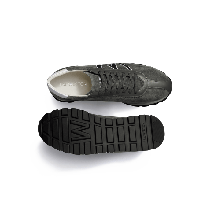 J.m. Weston Basket On My Way En Cuir Veau Velours Gris Détails Veau Sport Marine Et Blanc