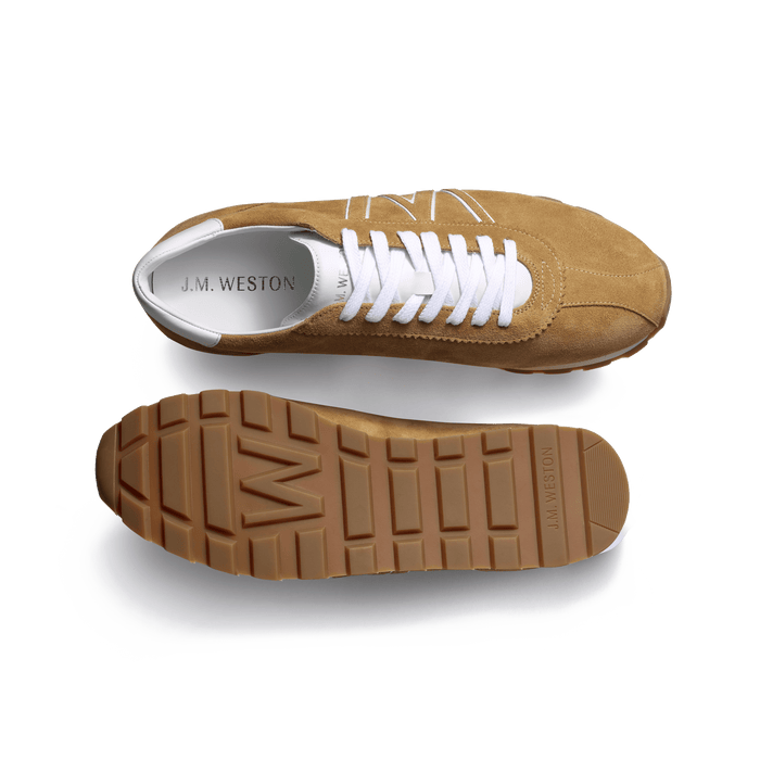 J.m. Weston Basket On My Way En Cuir Veau Velours Sable & Détails Cuir Veau Sport Blanc