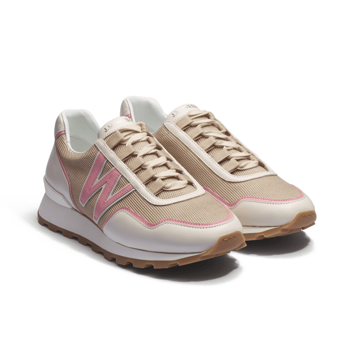 J.m. Weston Basket On My Way Ghillies Femme En Maille Nylon Beige Détails Cuir Veau Sport Blanc & Rose