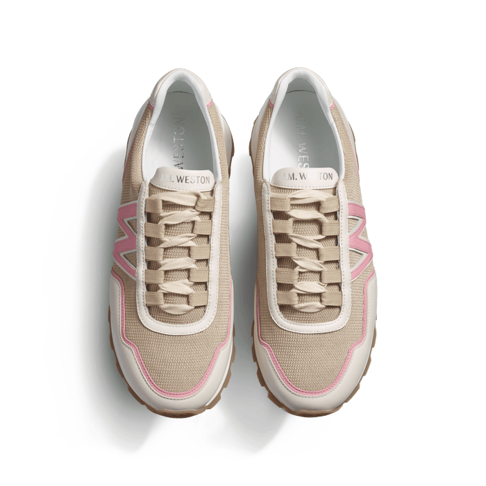 J.m. Weston Basket On My Way Ghillies Femme En Maille Nylon Beige Détails Cuir Veau Sport Blanc & Rose