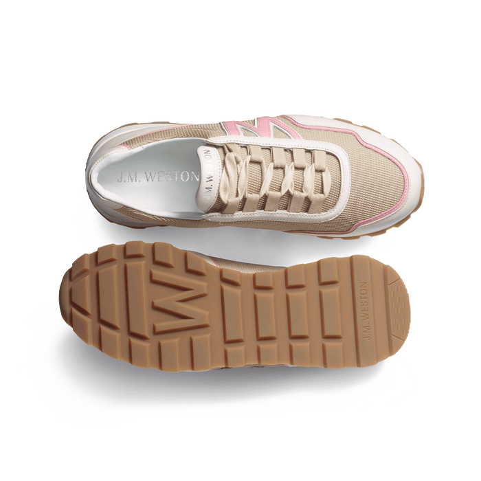 J.m. Weston Basket On My Way Ghillies Femme En Maille Nylon Beige Détails Cuir Veau Sport Blanc & Rose