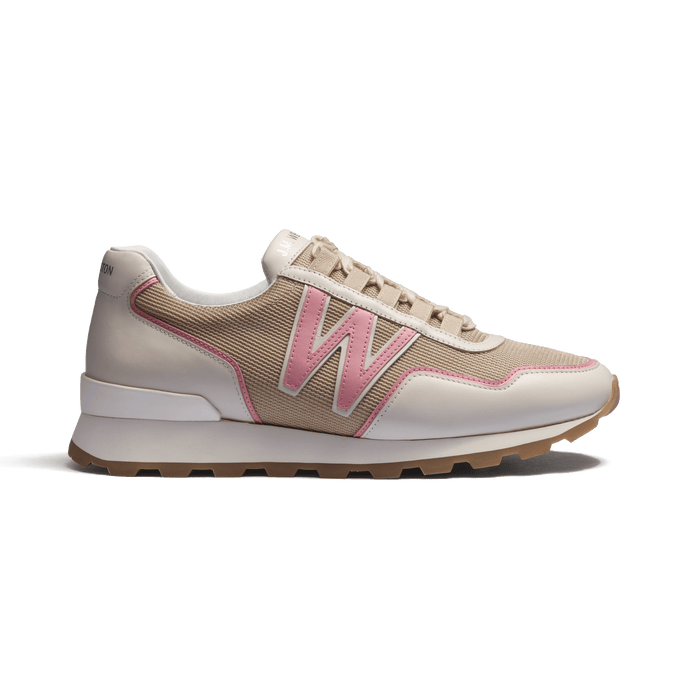 j.m. weston Basket On My Way Ghillies femme en maille nylon beige détails cuir veau sport blanc & rose