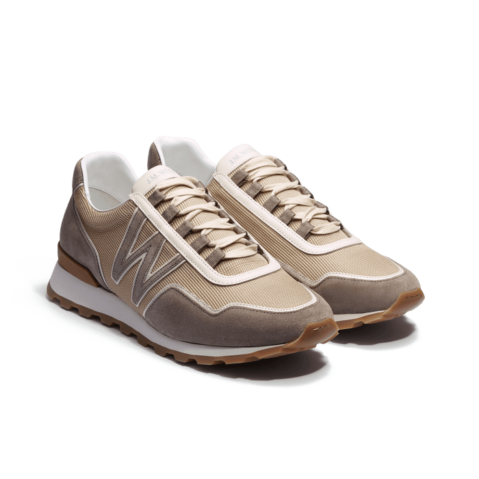 J.m. Weston Basket On My Way Ghillies Homme En Maille Nylon Beige Détails Cuir Veau Sport Blanc & En Cuir Veau Velours Taupe