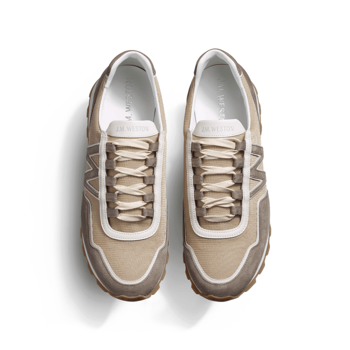 J.m. Weston Basket On My Way Ghillies Homme En Maille Nylon Beige Détails Cuir Veau Sport Blanc & En Cuir Veau Velours Taupe