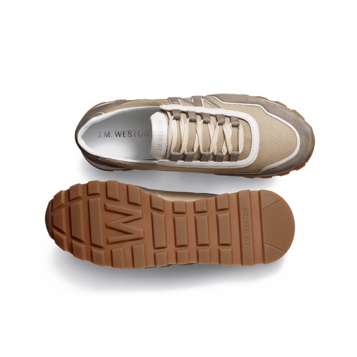 J.m. Weston Basket On My Way Ghillies Homme En Maille Nylon Beige Détails Cuir Veau Sport Blanc & En Cuir Veau Velours Taupe