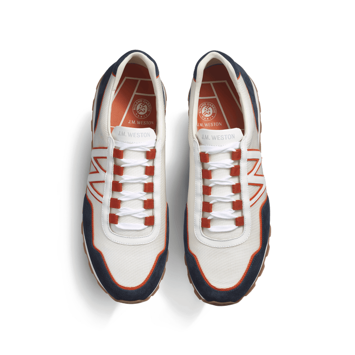 J.m. Weston Basket On My Way Ghillies Homme En Maille Nylon Blanche & Cuir Veau Velours Bleu Marine Détails En Cuir Veau Sport Orange Terre Battue