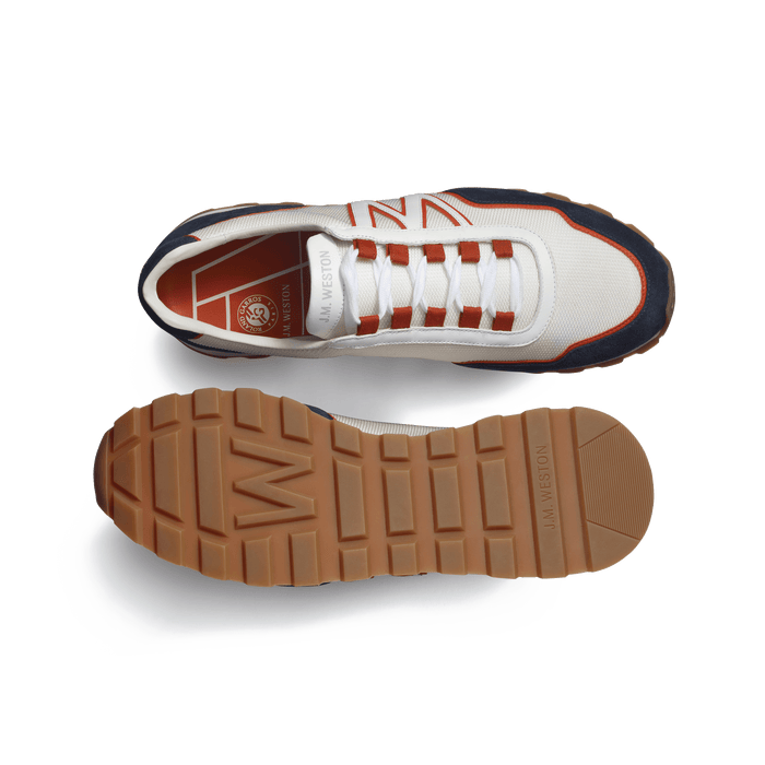 J.m. Weston Basket On My Way Ghillies Homme En Maille Nylon Blanche & Cuir Veau Velours Bleu Marine Détails En Cuir Veau Sport Orange Terre Battue