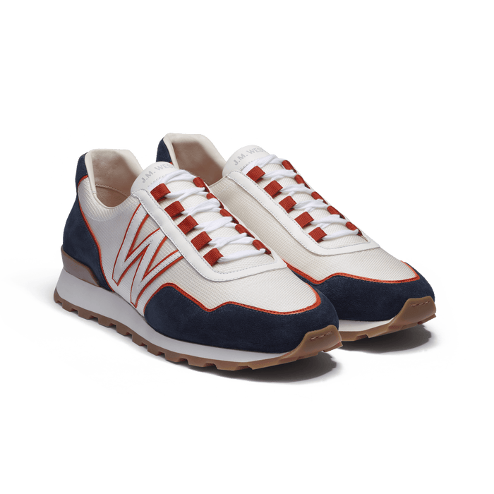 J.m. Weston Basket On My Way Ghillies Homme En Maille Nylon Blanche & Cuir Veau Velours Bleu Marine Détails En Cuir Veau Sport Orange Terre Battue