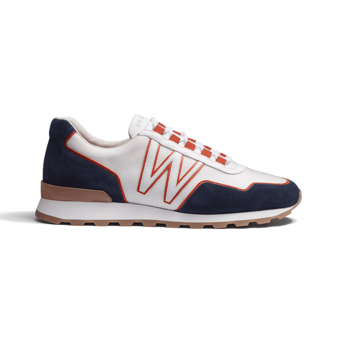 j.m. weston Basket On My Way Ghillies homme en maille nylon blanche & cuir veau velours bleu marine détails en cuir veau sport orange terre battue