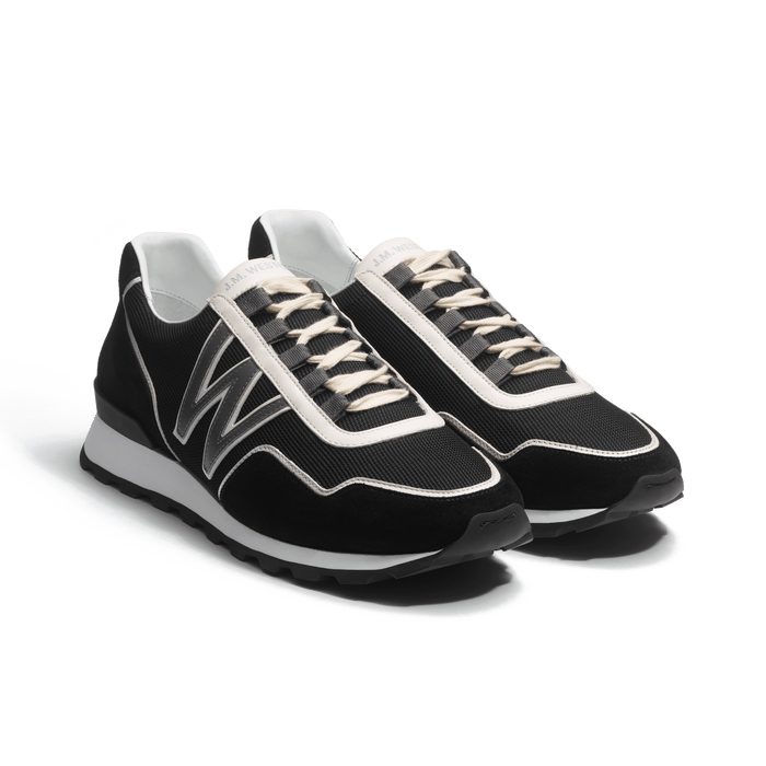 J.m. Weston Basket On My Way Ghillies Homme En Maille Nylon Noire & Cuir Velours Noir Détails En Cuir Veau Sport écrue Et Gris Anthracite