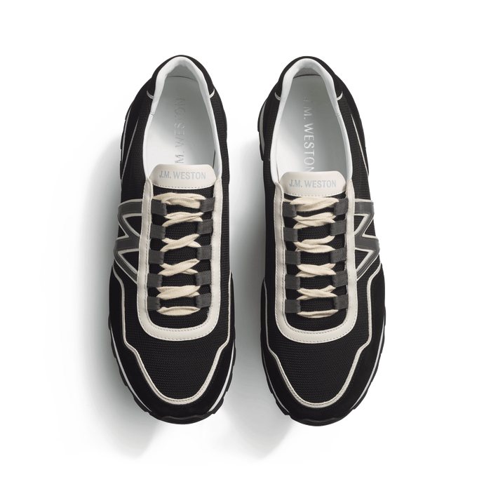 J.m. Weston Basket On My Way Ghillies Homme En Maille Nylon Noire & Cuir Velours Noir Détails En Cuir Veau Sport écrue Et Gris Anthracite