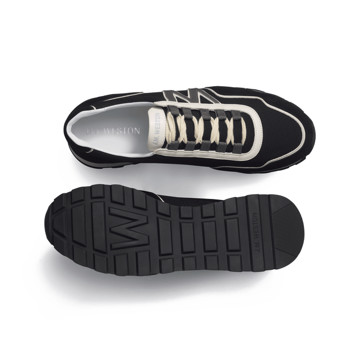 J.m. Weston Basket On My Way Ghillies Homme En Maille Nylon Noire & Cuir Velours Noir Détails En Cuir Veau Sport écrue Et Gris Anthracite