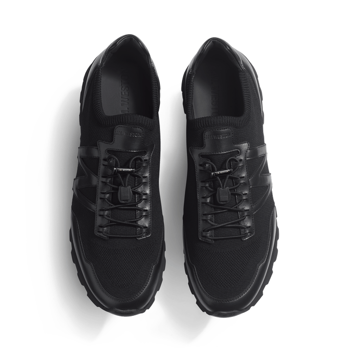 J.m. Weston Basket On My Way Knit En Maille Nylon Noire Et Cuir Veau Sport Noir