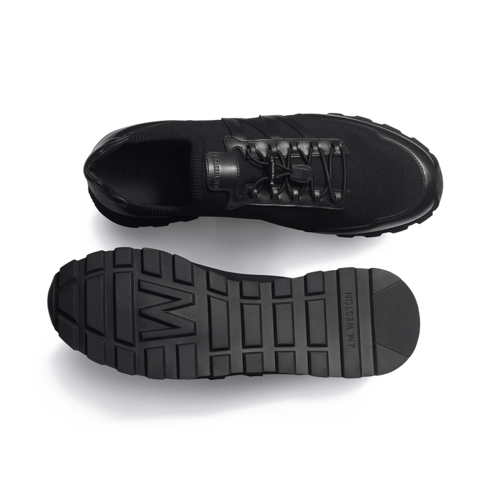 J.m. Weston Basket On My Way Knit En Maille Nylon Noire Et Cuir Veau Sport Noir