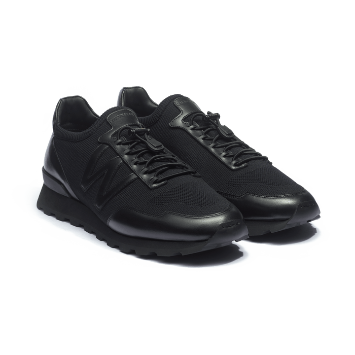 J.m. Weston Basket On My Way Knit En Maille Nylon Noire Et Cuir Veau Sport Noir