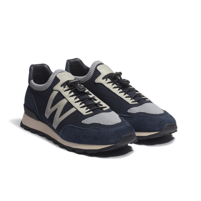 J.m. Weston Basket On My Way Knit Homme En Maille Bleu Marine Cuir Veau Sport Gris Perle Et Velours Bleu Marine