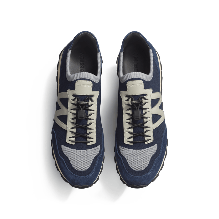 J.m. Weston Basket On My Way Knit Homme En Maille Bleu Marine Cuir Veau Sport Gris Perle Et Velours Bleu Marine
