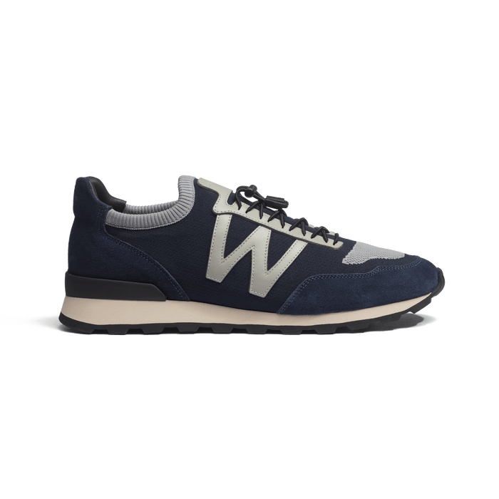 j.m. weston Basket On My Way Knit homme en maille bleu marine cuir veau sport gris perle et velours bleu marine