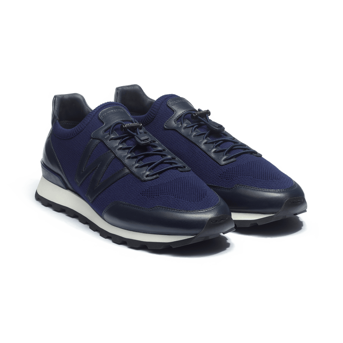 J.m. Weston Basket On My Way Knit Homme En Maille Nylon Marine Et Cuir Veau Sport Marine