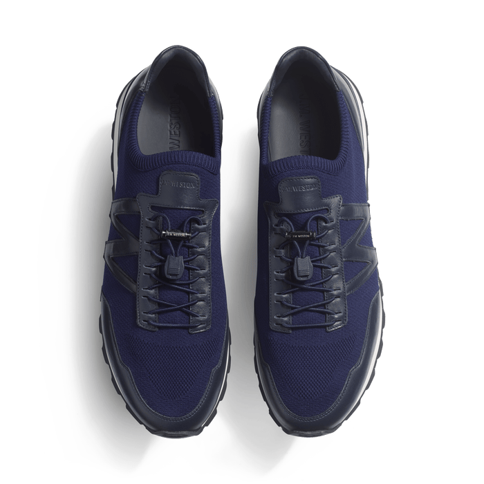 J.m. Weston Basket On My Way Knit Homme En Maille Nylon Marine Et Cuir Veau Sport Marine