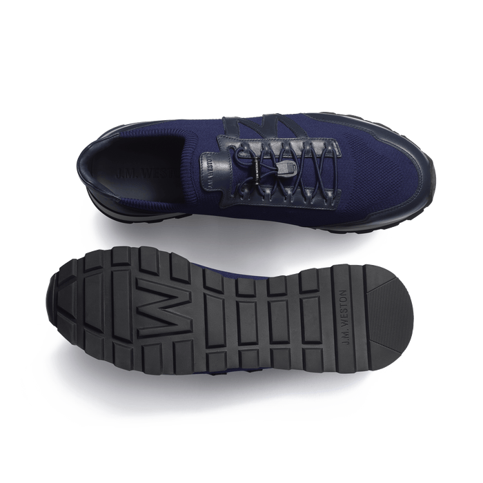 J.m. Weston Basket On My Way Knit Homme En Maille Nylon Marine Et Cuir Veau Sport Marine