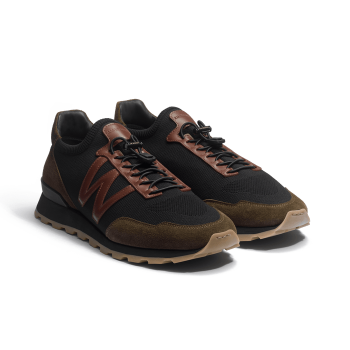 J.m. Weston Basket On My Way Knit Homme En Maille Nylon Noir Cuir Veau Sport Marron Et Cuir Velours Kaki