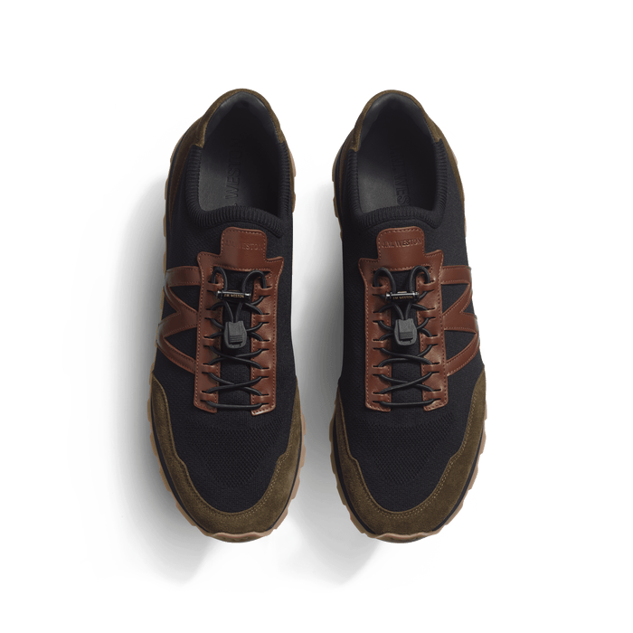 J.m. Weston Basket On My Way Knit Homme En Maille Nylon Noir Cuir Veau Sport Marron Et Cuir Velours Kaki