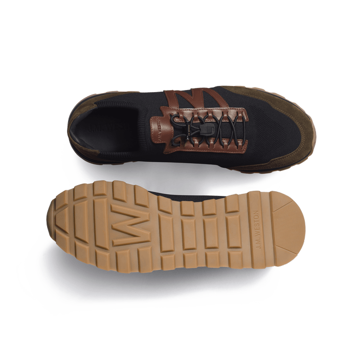 J.m. Weston Basket On My Way Knit Homme En Maille Nylon Noir Cuir Veau Sport Marron Et Cuir Velours Kaki