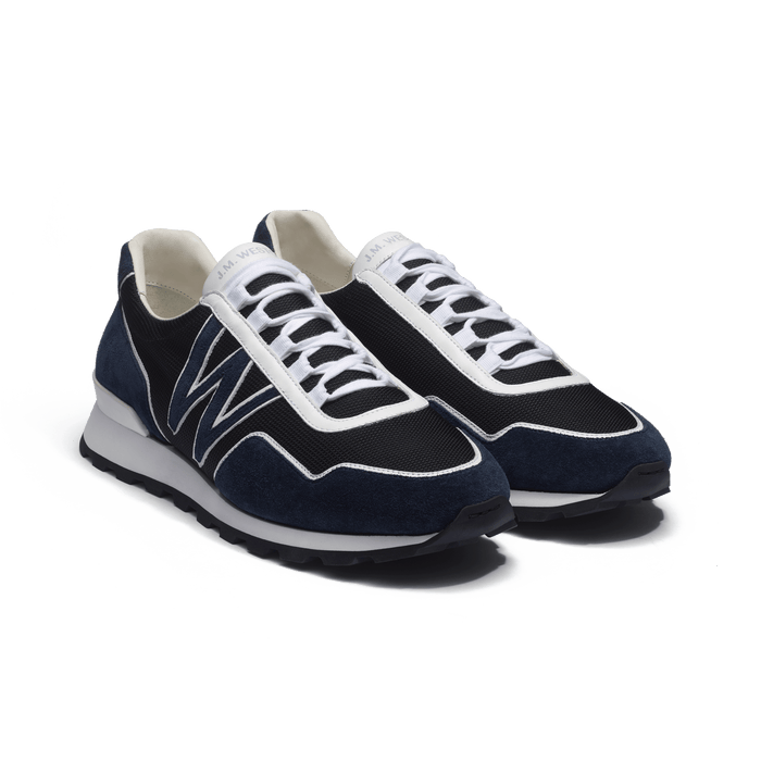 J.m. Weston Basket On My Way Knit Homme En Maille Nylon Noire & Cuir Velours Marine Détails En Cuir Veau Sport Blanc