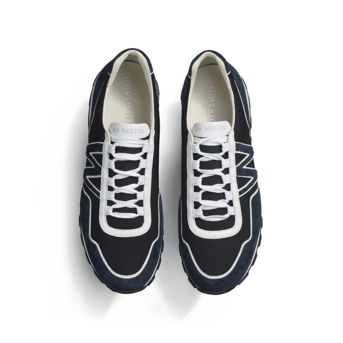 J.m. Weston Basket On My Way Knit Homme En Maille Nylon Noire & Cuir Velours Marine Détails En Cuir Veau Sport Blanc