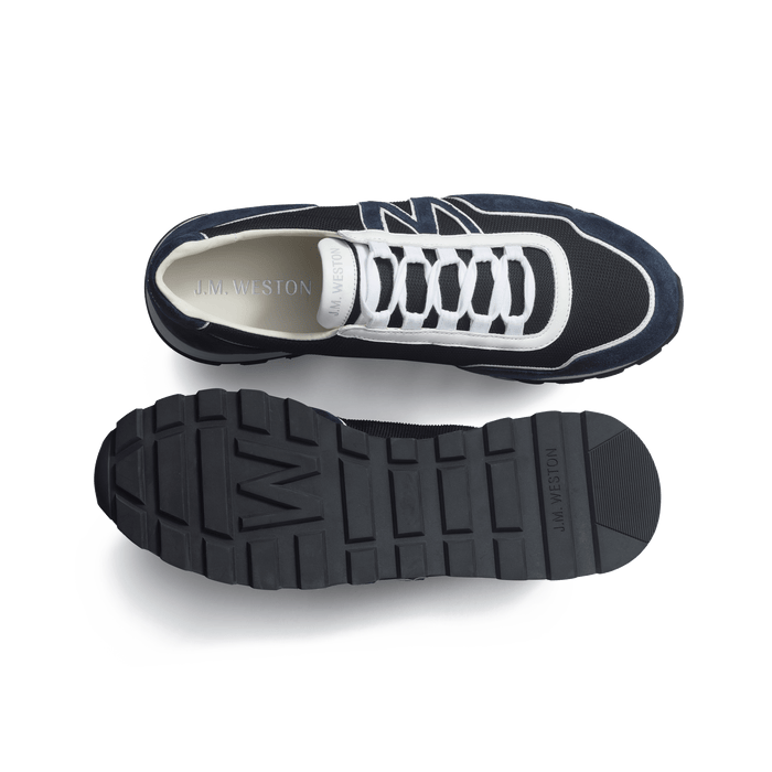 J.m. Weston Basket On My Way Knit Homme En Maille Nylon Noire & Cuir Velours Marine Détails En Cuir Veau Sport Blanc