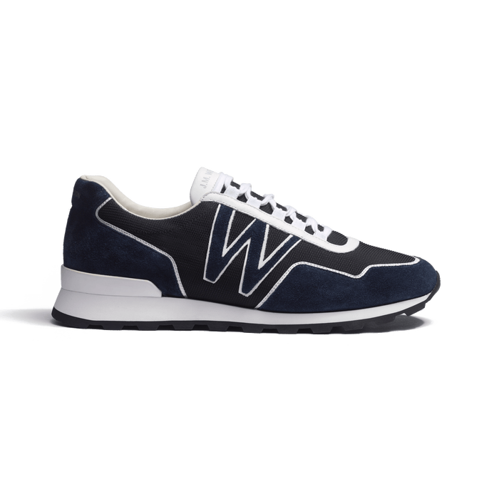 j.m. weston Basket On My Way Knit homme en maille nylon noire & cuir velours marine détails en cuir veau sport blanc