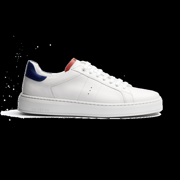 j.m. weston Basket On Time en cuir lisse blanc détails bleus et rouge