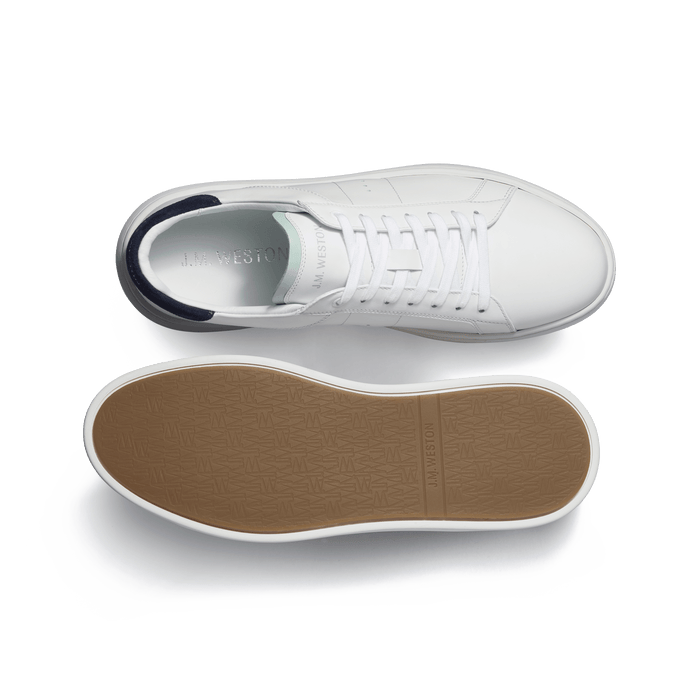 J.m. Weston Basket On Time En Cuir Veau Lisse Blanc Détails Velours Marine Et Cuir Lisse Vert D'eau