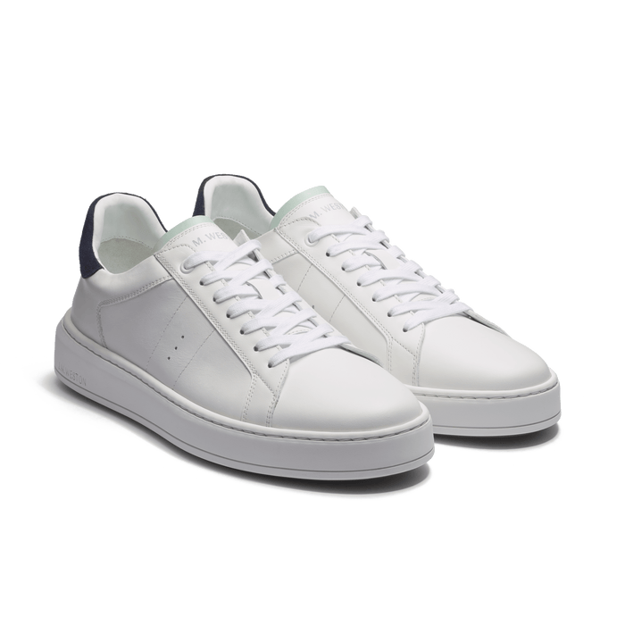 J.m. Weston Basket On Time En Cuir Veau Lisse Blanc Détails Velours Marine Et Cuir Lisse Vert D'eau