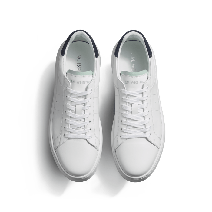 J.m. Weston Basket On Time En Cuir Veau Lisse Blanc Détails Velours Marine Et Cuir Lisse Vert D'eau