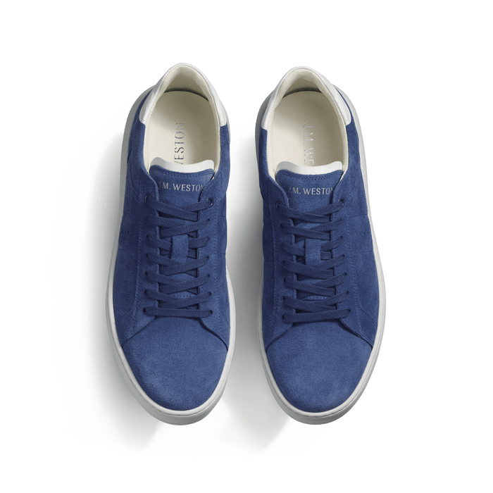 J.m. Weston Basket On Time En Cuir Veau Velours Bleu De Limoges Détails Blanc