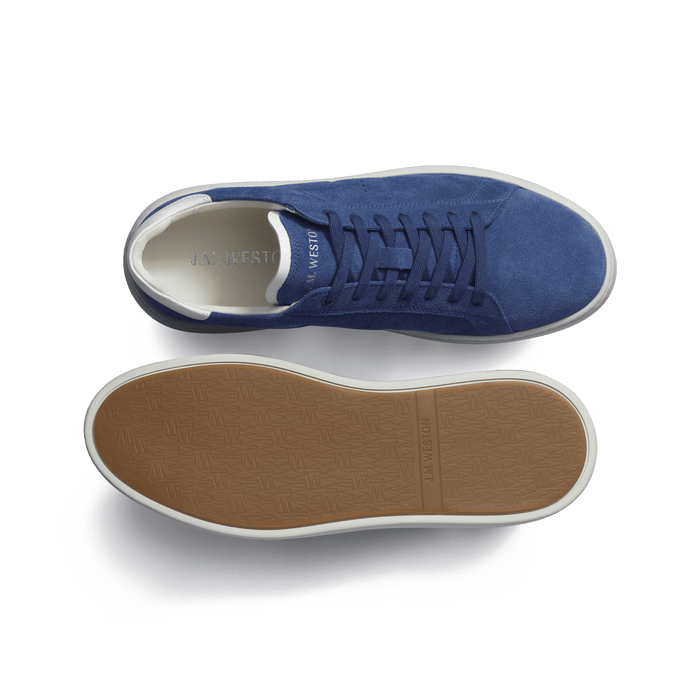 J.m. Weston Basket On Time En Cuir Veau Velours Bleu De Limoges Détails Blanc