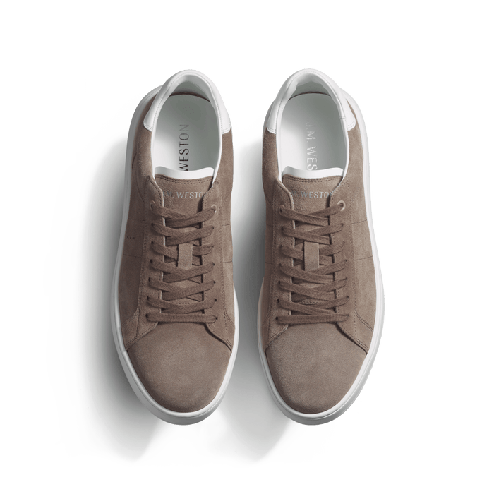 J.m. Weston Basket On Time En Cuir Velours Taupe Détails Cuir Veau Sport Blanc