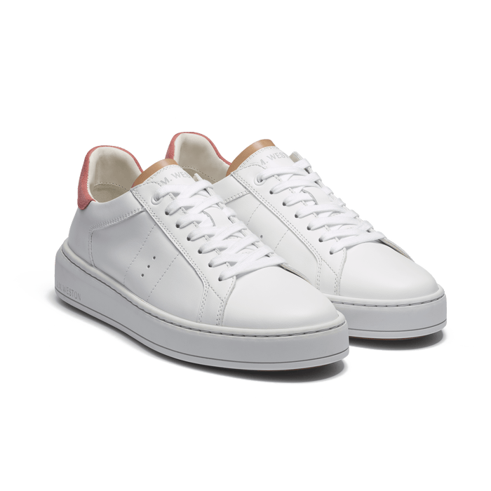 J.m. Weston Basket On Time Femme En Cuir Veau Lisse Blanc Détails Rose Et Camel