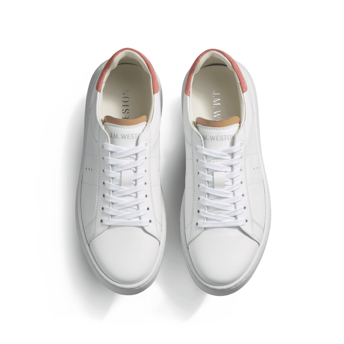 J.m. Weston Basket On Time Femme En Cuir Veau Lisse Blanc Détails Rose Et Camel