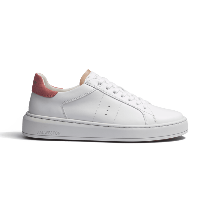 j.m. weston Basket On Time femme en cuir veau lisse blanc détails rose et camel