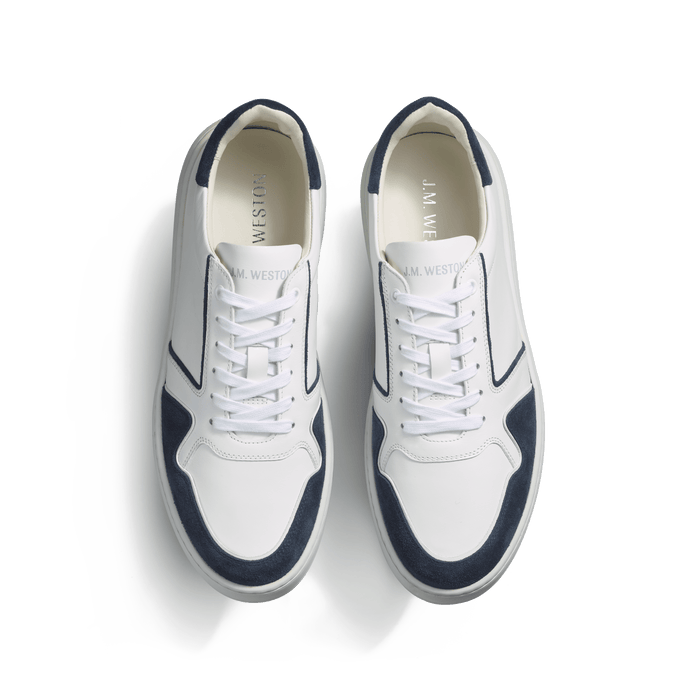 J.m. Weston Basket On Time Oxford En Cuir Veau Sport Blanc Et Cuir Velours Marine