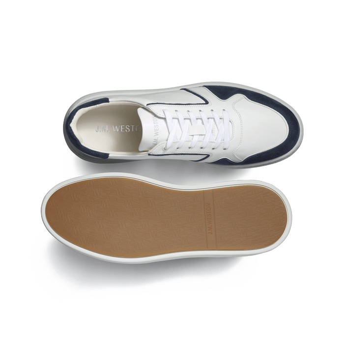 J.m. Weston Basket On Time Oxford En Cuir Veau Sport Blanc Et Cuir Velours Marine