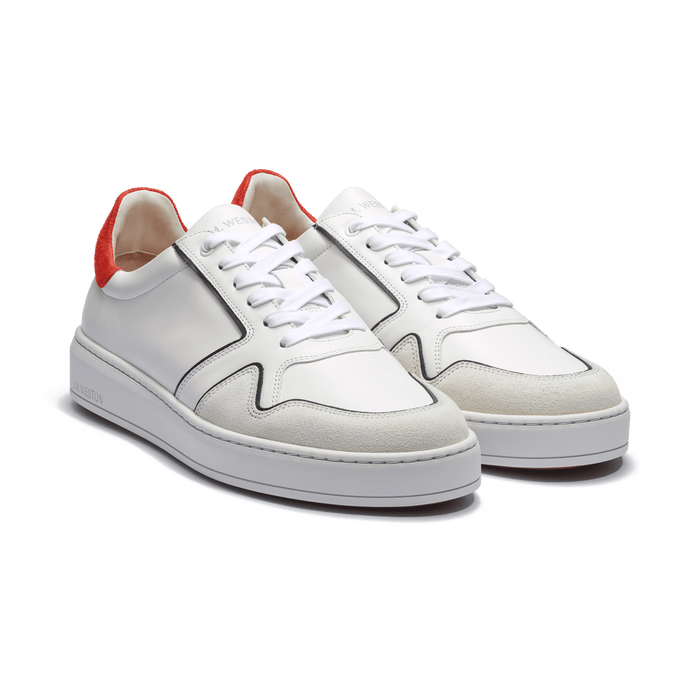 J.m. Weston Basket On Time Oxford Roland-Garros En Cuir Lisse Blanc Détails Marine Velours Blanc Et Orange Terre Battue