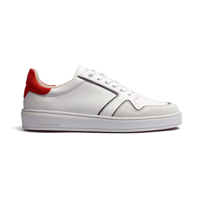 j.m. weston Basket On Time Oxford Roland-Garros en cuir lisse blanc détails marine velours blanc et orange terre battue