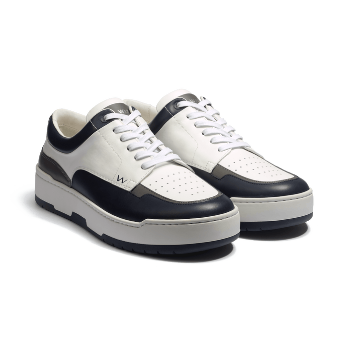 J.m. Weston Basket On Top En Cuir Veau Sport Blanc Détails Gris Et Marine