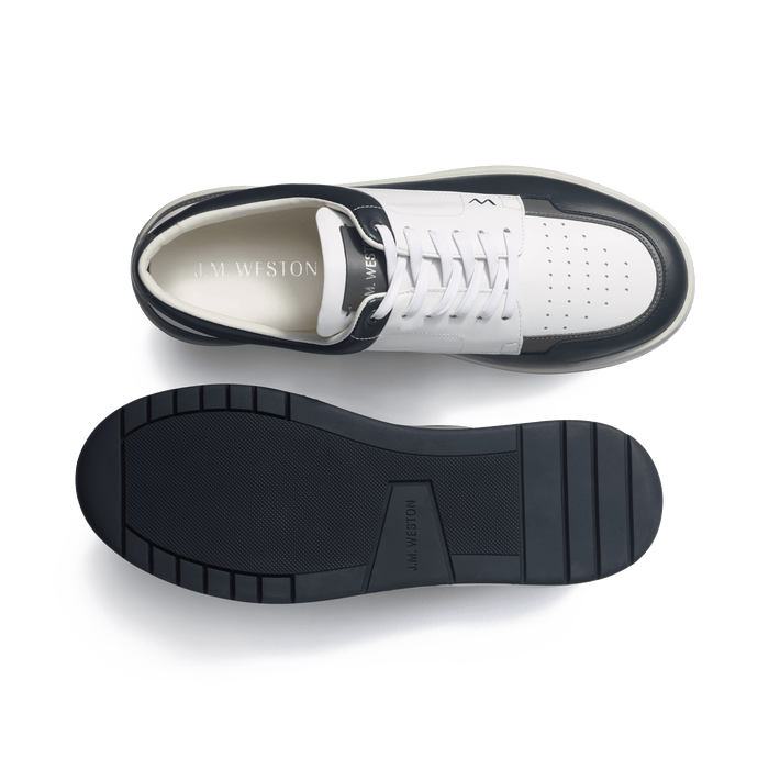 J.m. Weston Basket On Top En Cuir Veau Sport Blanc Détails Gris Et Marine