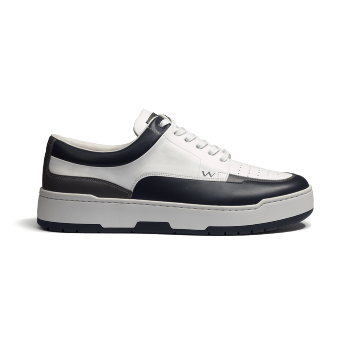 j.m. weston Basket On Top en cuir veau sport blanc détails gris et marine