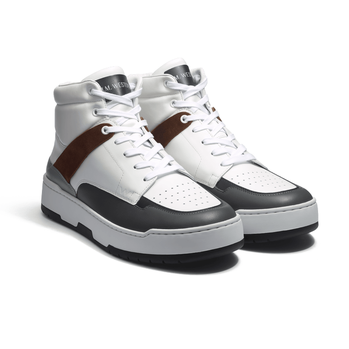 J.m. Weston Basket On Top En Cuir Veau Sport Blanc Marine Gris Foncé Gris Clair Et Cuir Veau Velours Cigare